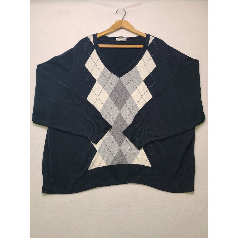 VTG St. Johns Bay 3X Sweater Preppy Argyle Navy Blue V-Neck Cotton Knit Pullover